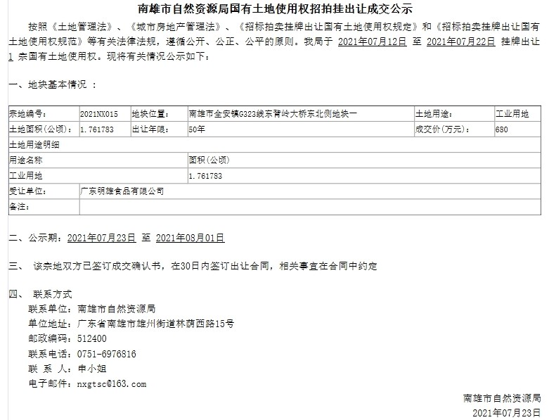 南雄市自然资源局国有土地使用权招拍挂出让成交公示（南雄市全安镇G323线东背岭大桥东北侧地块一）1(2).jpg